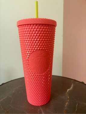 Starbucks Coral Studded Tumbler with Yellow Straw Accent